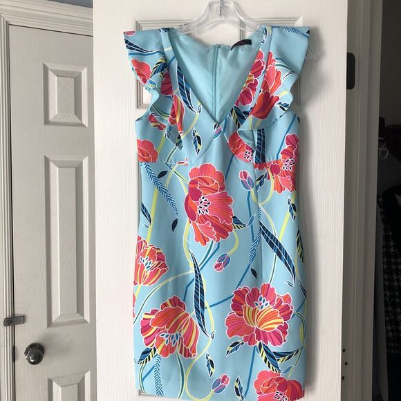 Trina Turk 4 Flutter Sleeve Printed Linzy Dress Sheath‎ Floral Coastal Beach - Picture 3 of 8